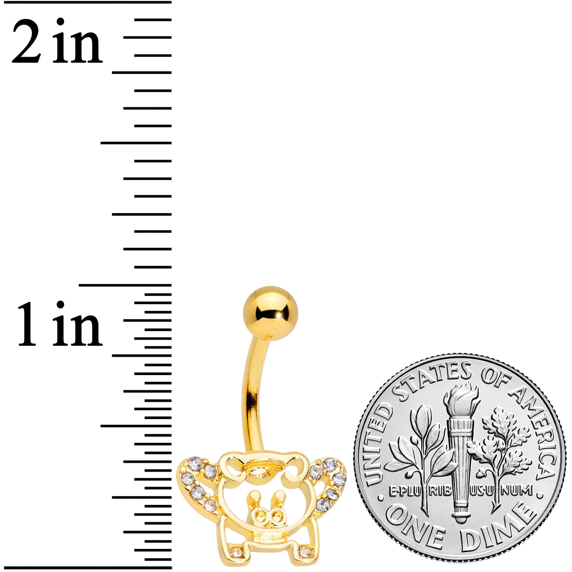 BodyCandy Clear Gem Gold Tone Flying Pigs Belly Ring — detail close-up