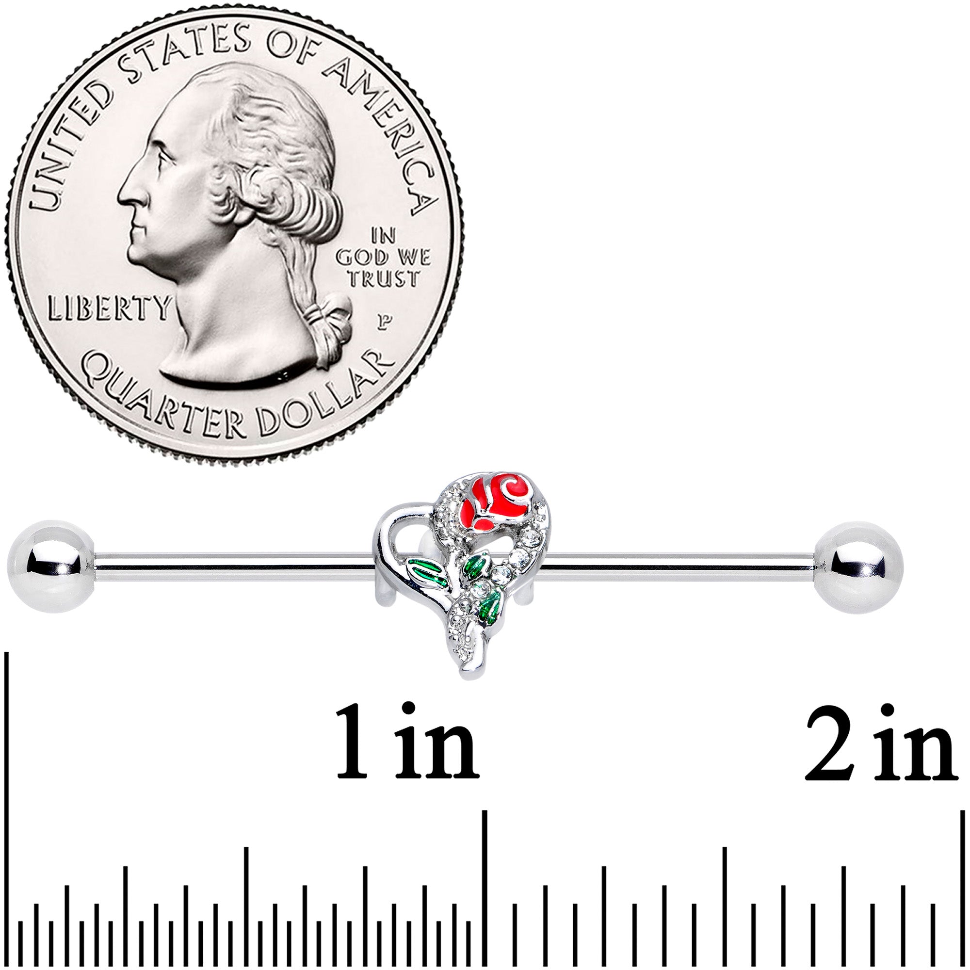 BodyCandy 14G Clear Gem Open Heart Rose Valentines Industrial Barbell 38mm — detail close-up