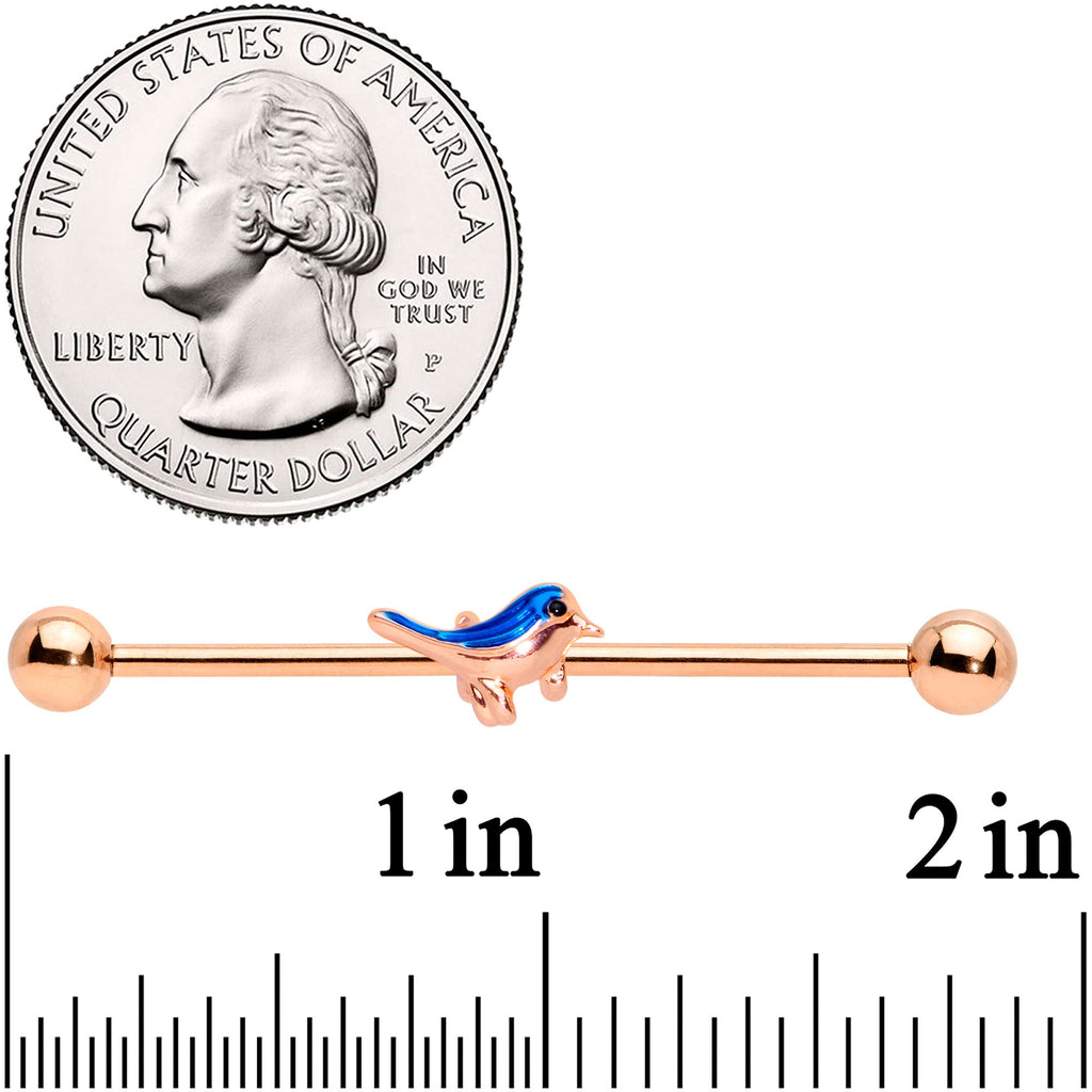BodyCandy 14G Rose Gold Tone Blue Bird Industrial Barbell 38mm — detail close-up
