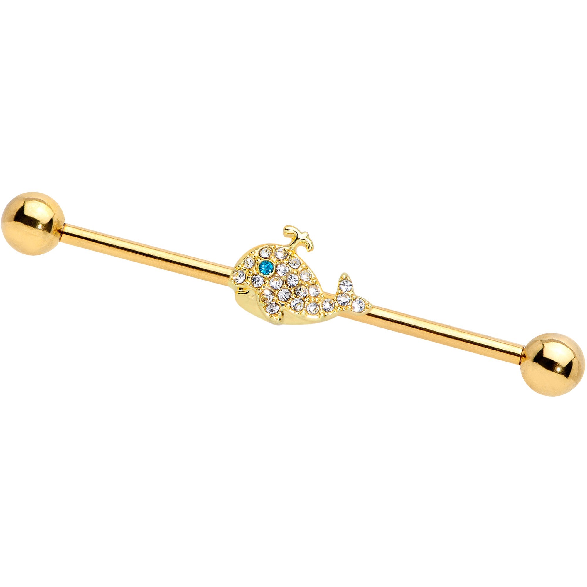 BodyCandy 14G Clear Aqua Gem Gold Tone Whale Industrial Barbell 38mm — main product shot