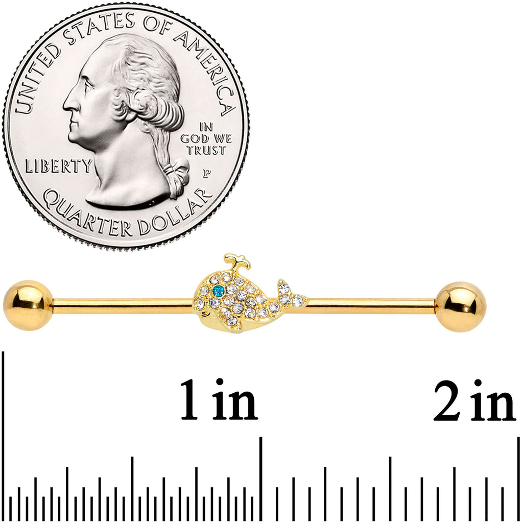 BodyCandy 14G Clear Aqua Gem Gold Tone Whale Industrial Barbell 38mm — detail close-up
