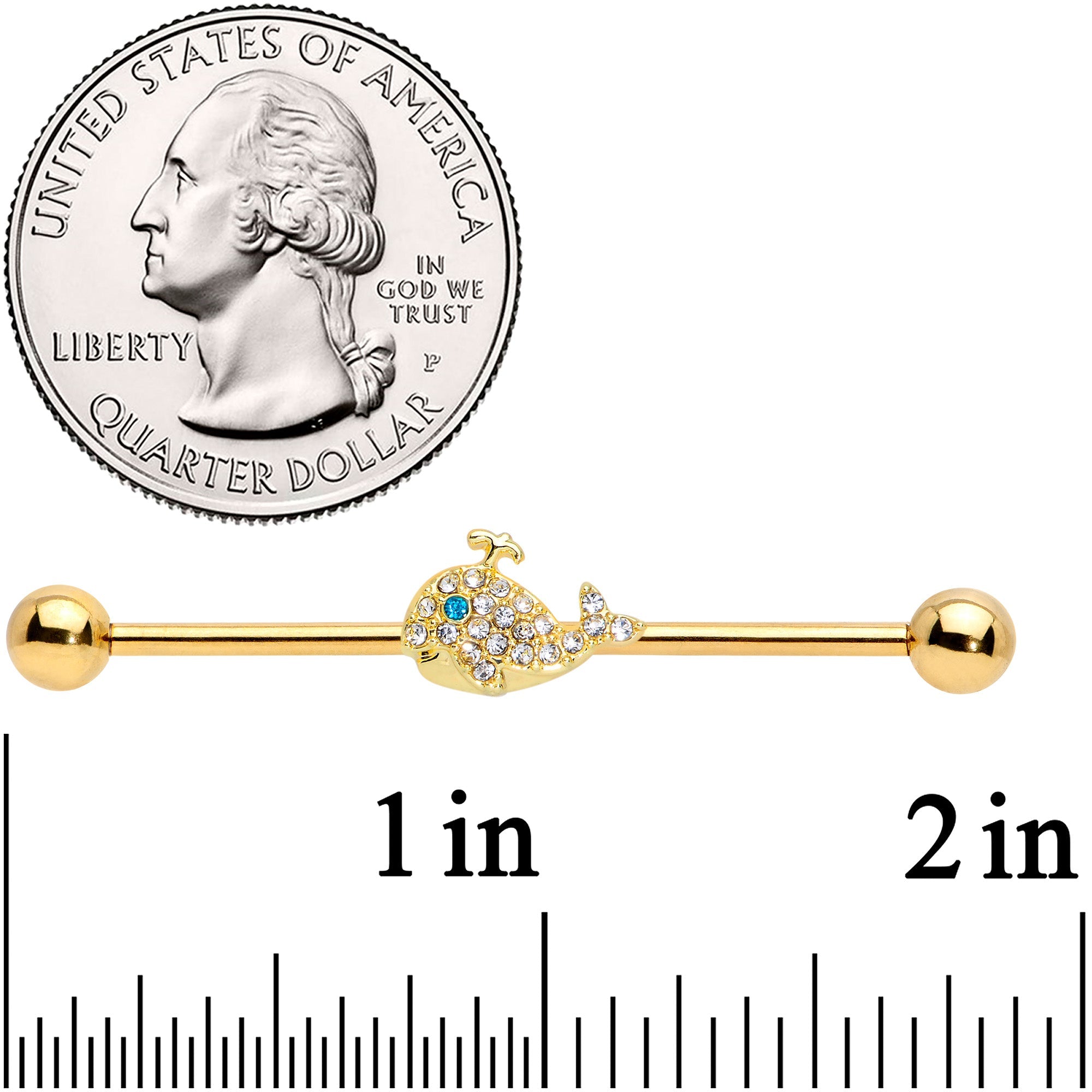 BodyCandy 14G Clear Aqua Gem Gold Tone Whale Industrial Barbell 38mm — detail close-up