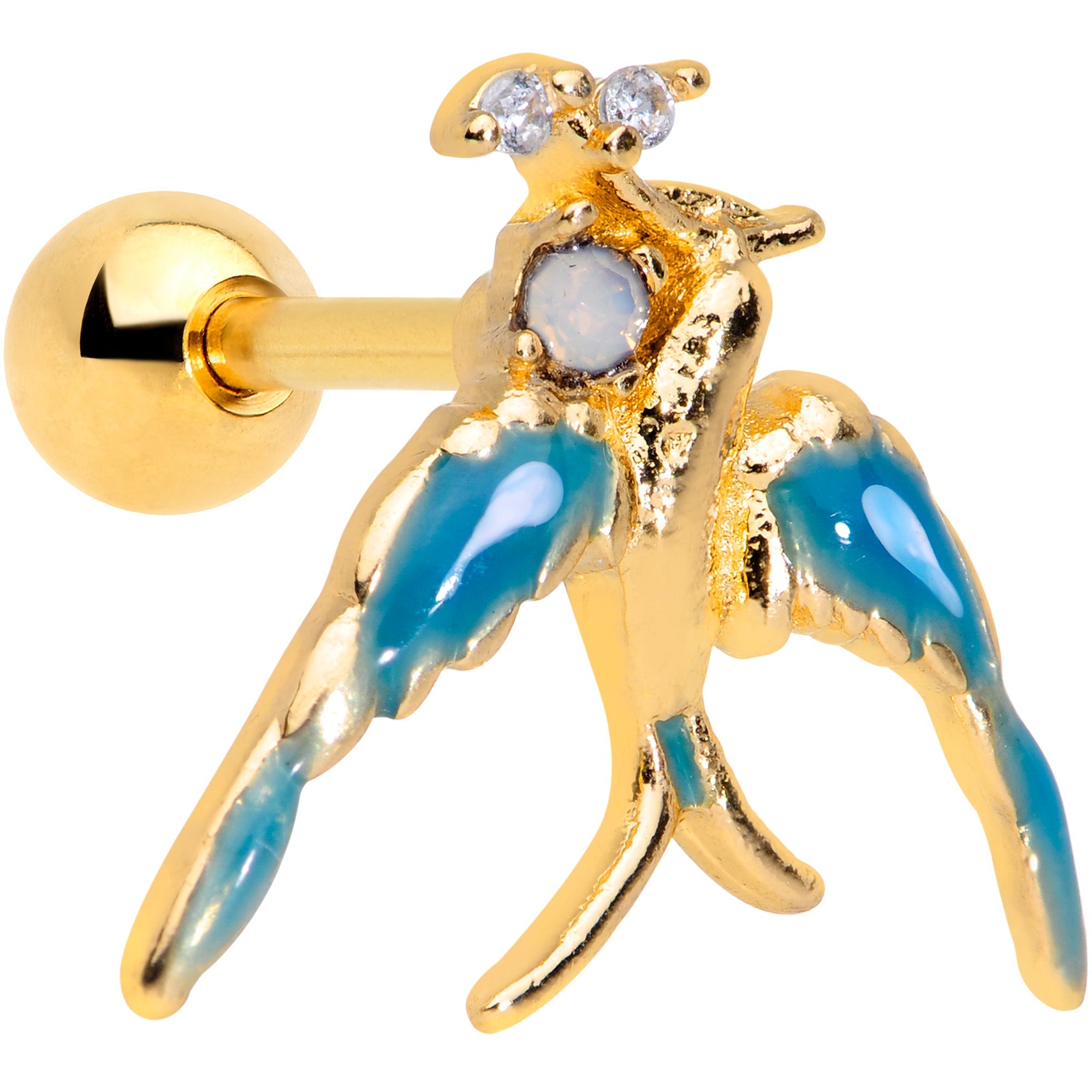 BodyCandy 16G 1/4 White Faux Opal Gold Tone Swallow Bird Cartilage Tragus — main product shot