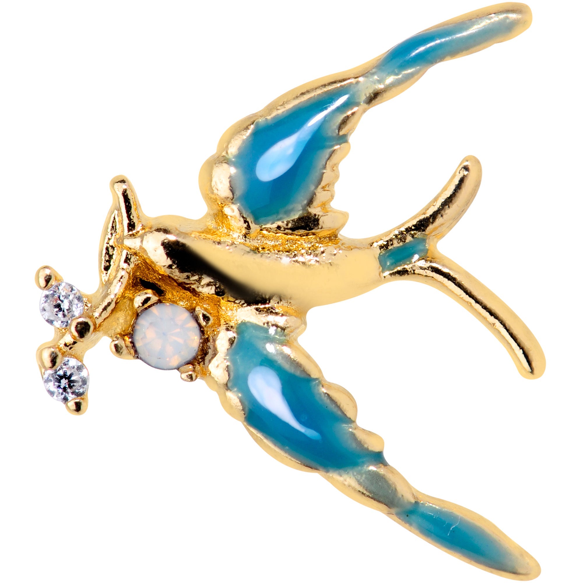 BodyCandy 16G 1/4 White Faux Opal Gold Tone Swallow Bird Cartilage Tragus — detail close-up