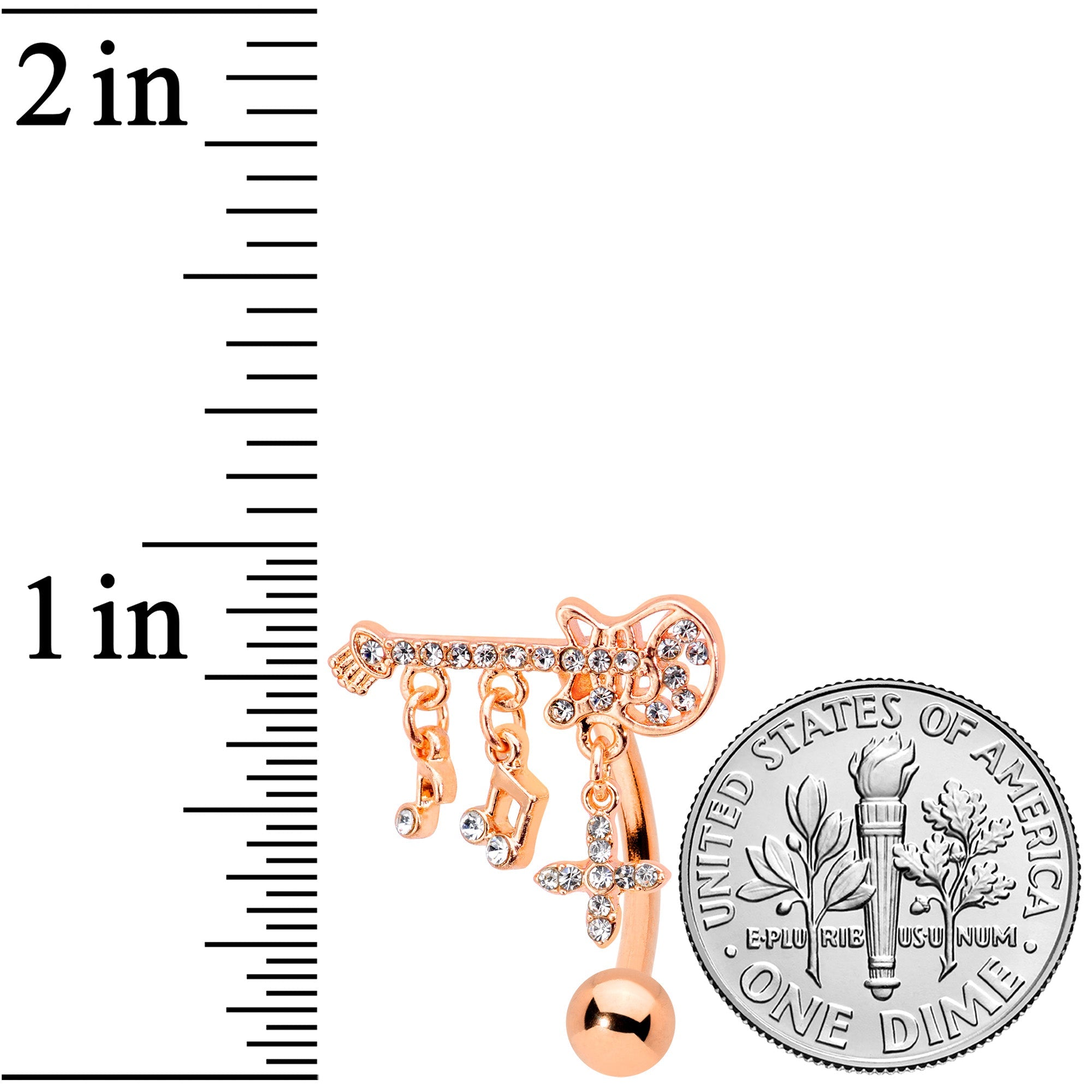 BodyCandy Clear CZ Gem Rose Gold Tone Rock Star Music Guitar Belly Ring — detail close-up
