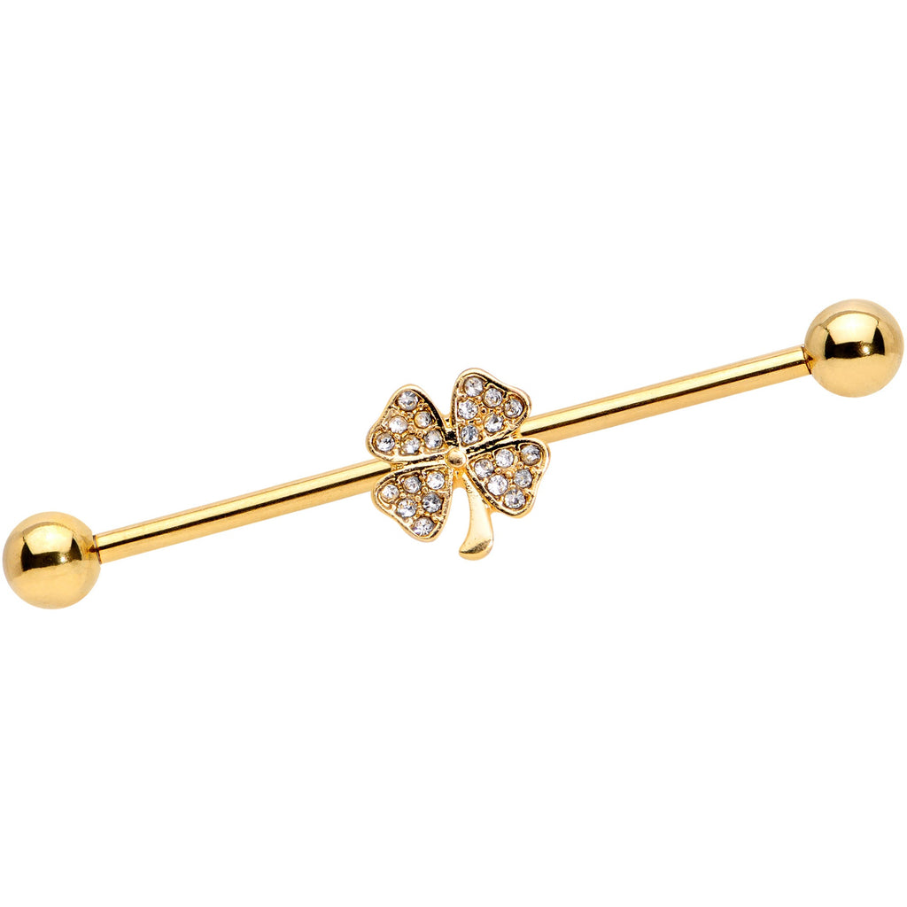 BodyCandy 14G Clear Gem Gold Tone Shamrock Industrial Barbell 38mm — main product shot