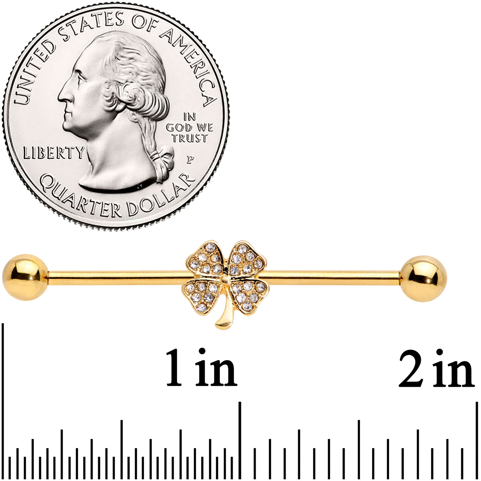 BodyCandy 14G Clear Gem Gold Tone Shamrock Industrial Barbell 38mm — detail close-up