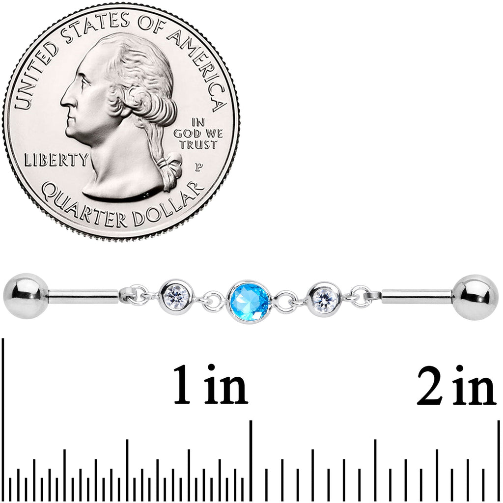 BodyCandy 14G Clear Aqua Gem Lovely Links Double Industrial Barbell 40mm — detail close-up