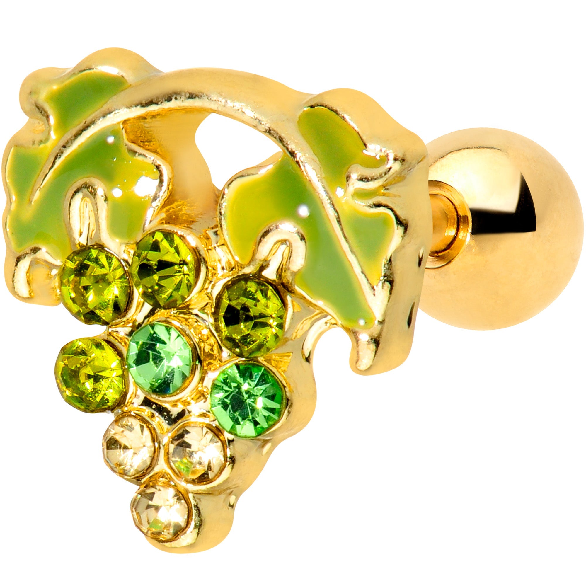 BodyCandy 16G 1/4 Green Gem Gold Tone Bunch of Grapes Cartilage Tragus — main product shot
