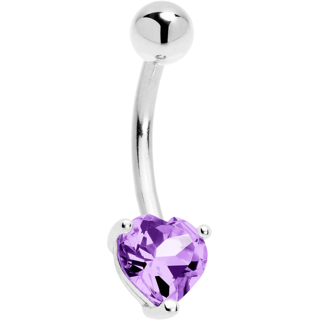 BodyCandy 16G Solid 14K White Gold Genuine Light Amethyst Heart Solitaire Belly Ring — detail close-up
