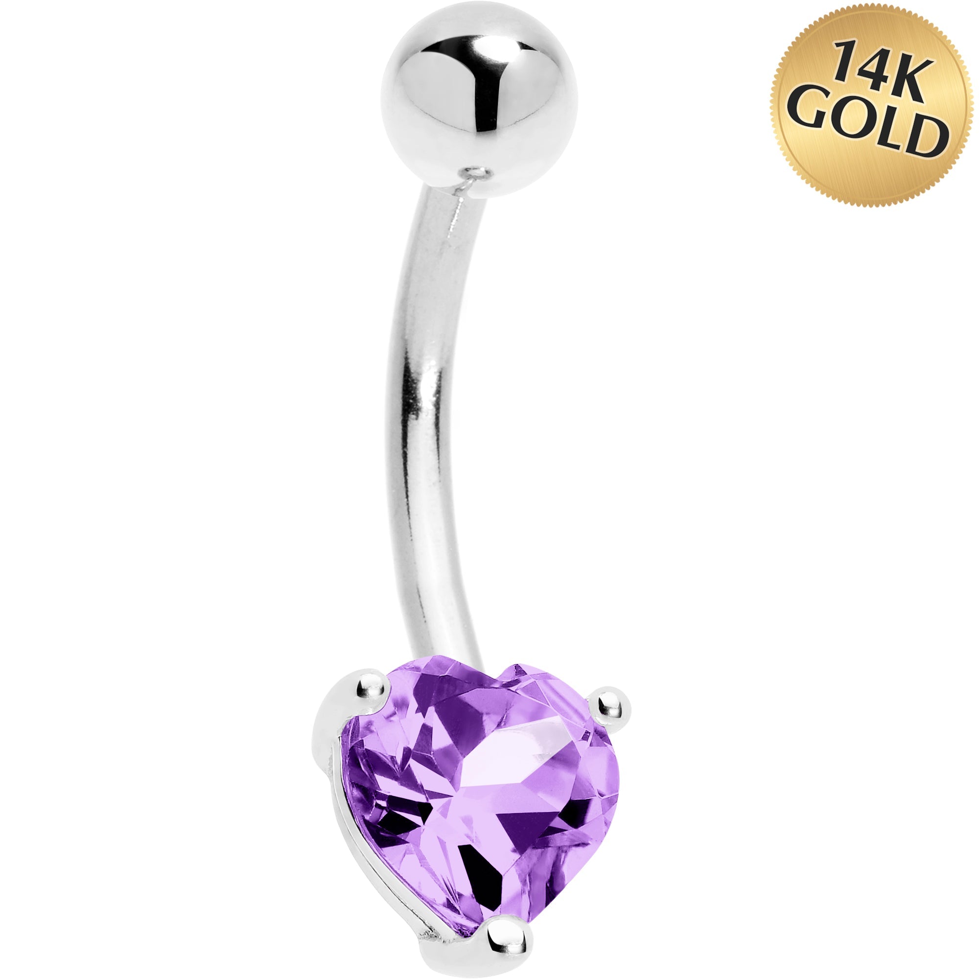 BodyCandy 16G Solid 14K White Gold Genuine Light Amethyst Heart Solitaire Belly Ring — main product shot