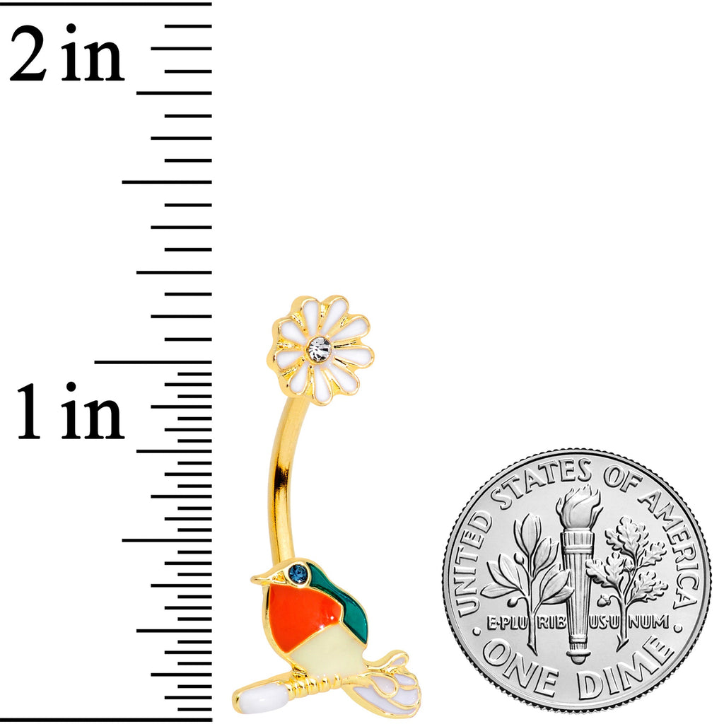 BodyCandy Clear Green Gem Gold Tone Perched Bird Flower Double Mount Belly Ring — detail close-up