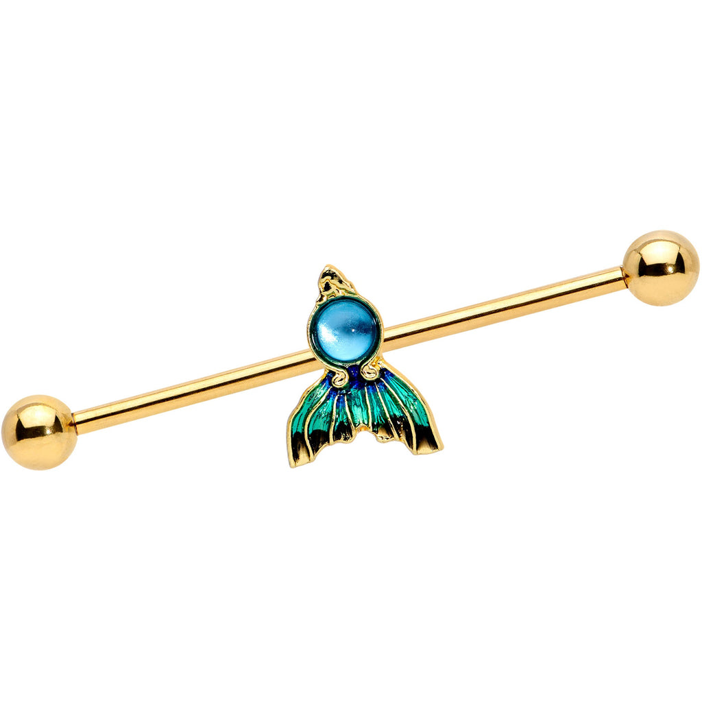 BodyCandy 14G Gold Tone Blue Green Mermaid Tail Industrial Barbell 38mm — main product shot