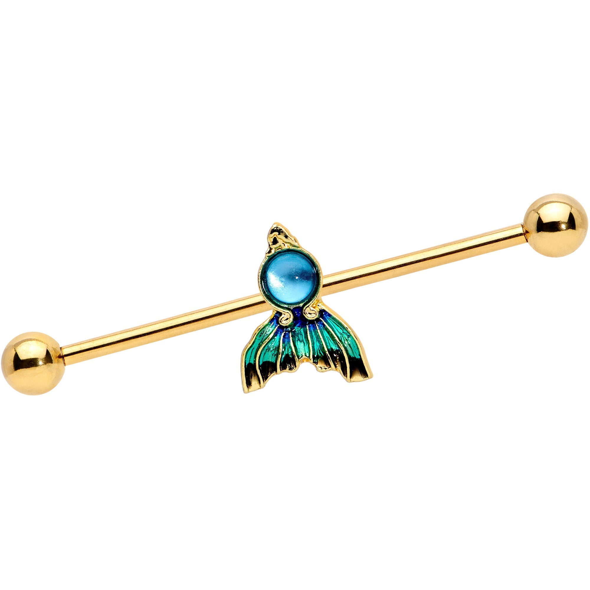 BodyCandy 14G Gold Tone Blue Green Mermaid Tail Industrial Barbell 38mm — main product shot