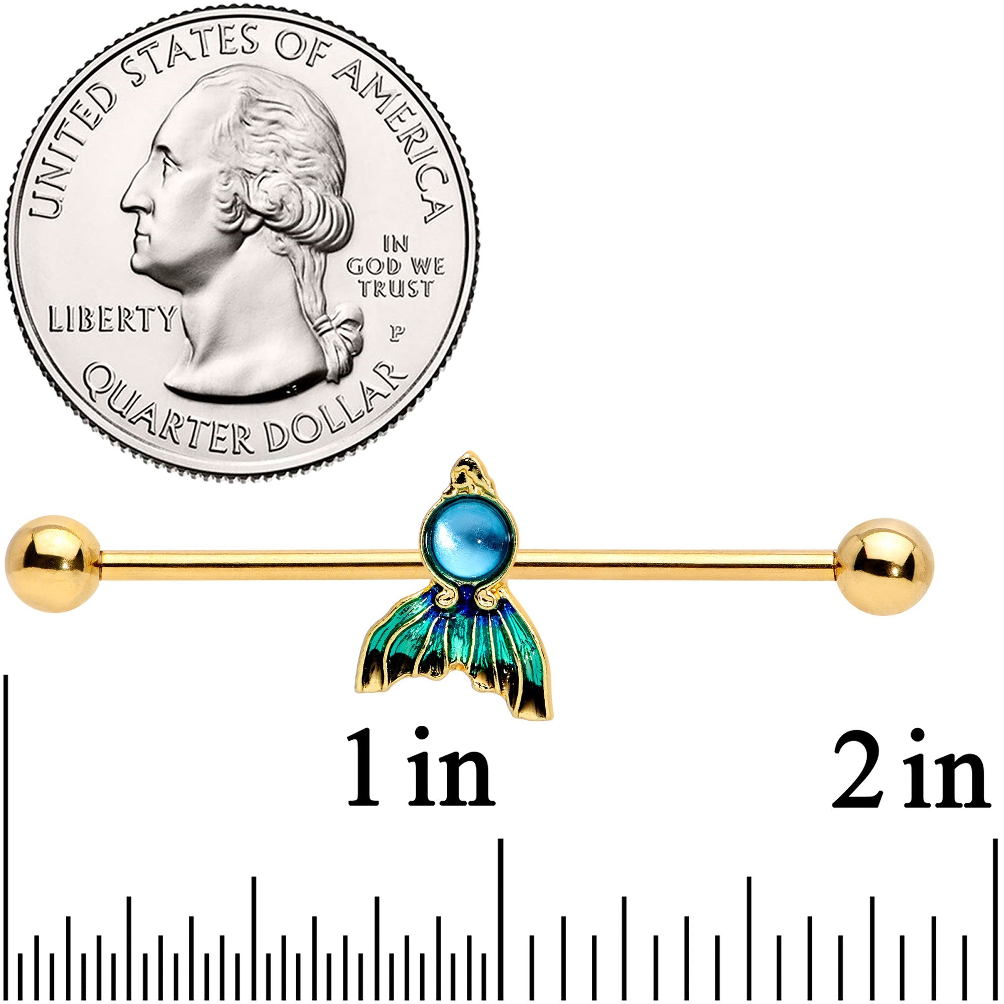 BodyCandy 14G Gold Tone Blue Green Mermaid Tail Industrial Barbell 38mm — detail close-up