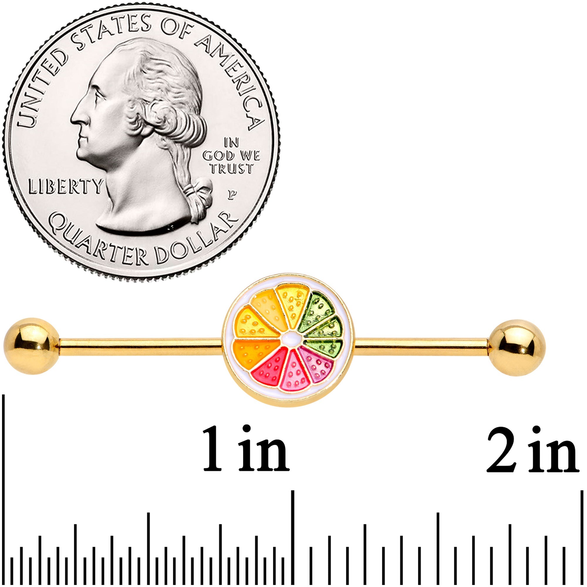 BodyCandy 14G Gold Tone Rainbow Grapefruit Industrial Barbell 38mm — detail close-up