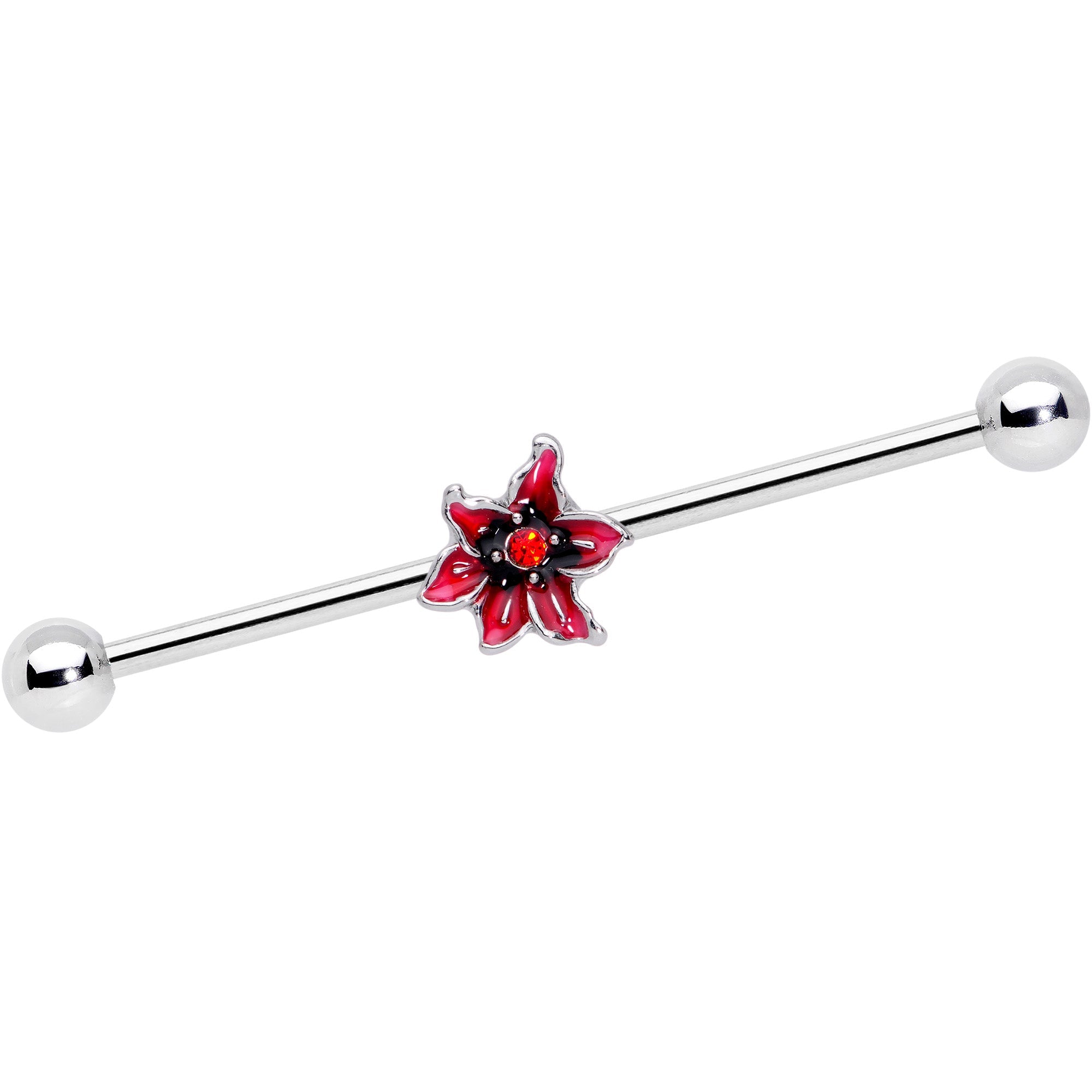 BodyCandy 14G Red Gem Red Flower Industrial Barbell 38mm — main product shot