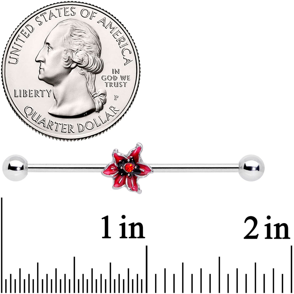 BodyCandy 14G Red Gem Red Flower Industrial Barbell 38mm — detail close-up