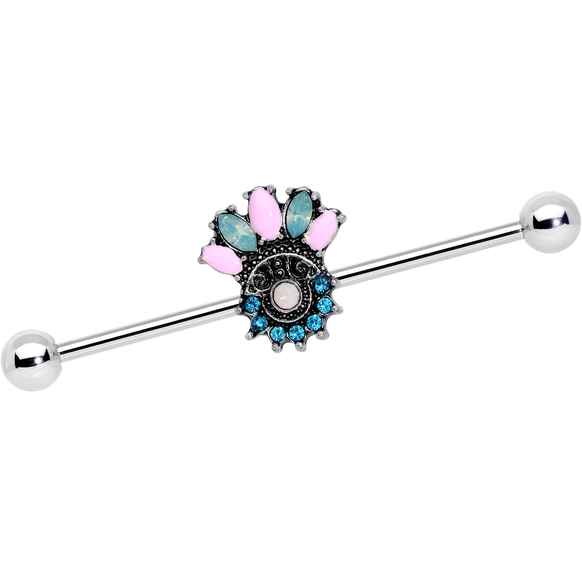 BodyCandy 14G Blue Pink Green Gem Baroque Flower Industrial Barbell 38mm — main product shot