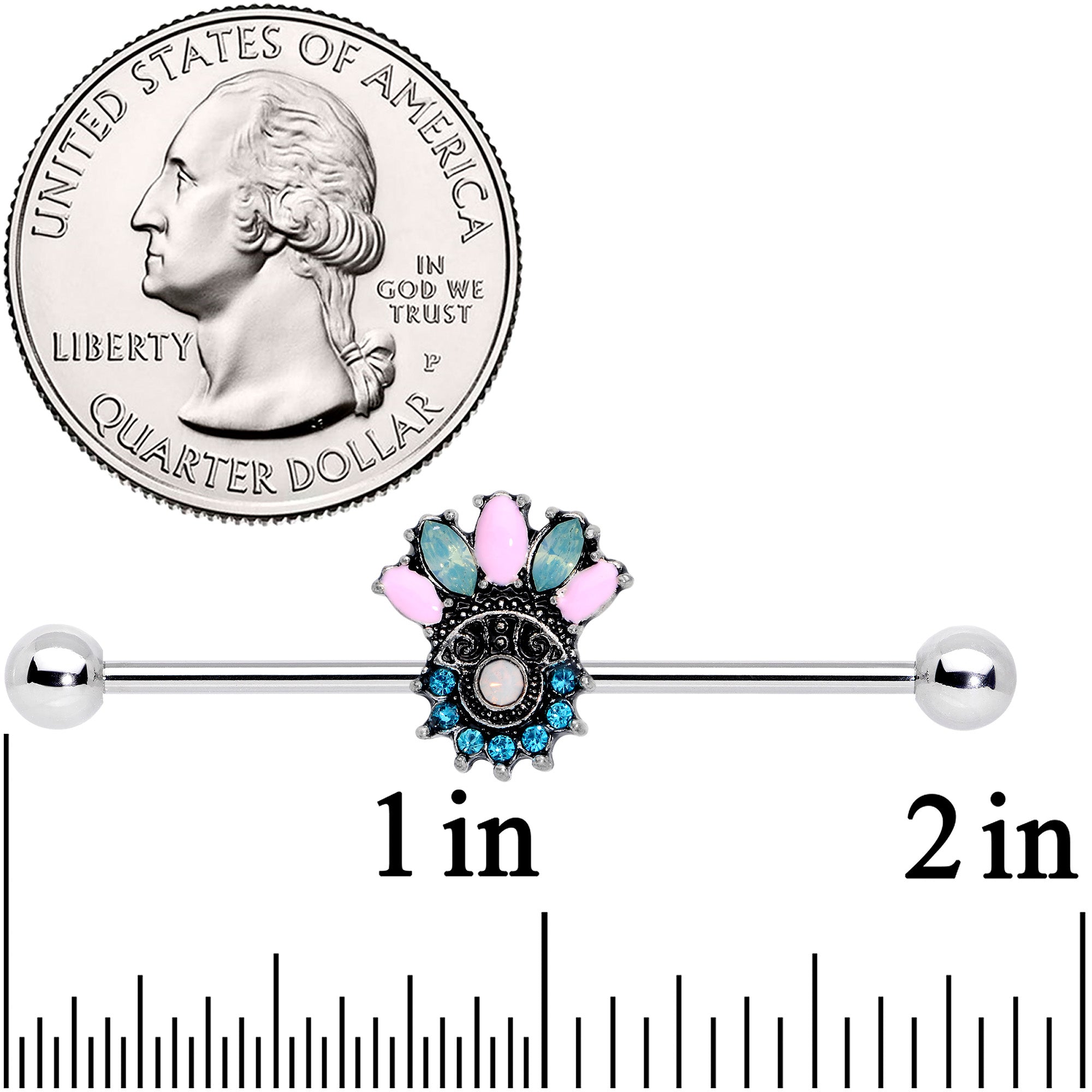 BodyCandy 14G Blue Pink Green Gem Baroque Flower Industrial Barbell 38mm — detail close-up