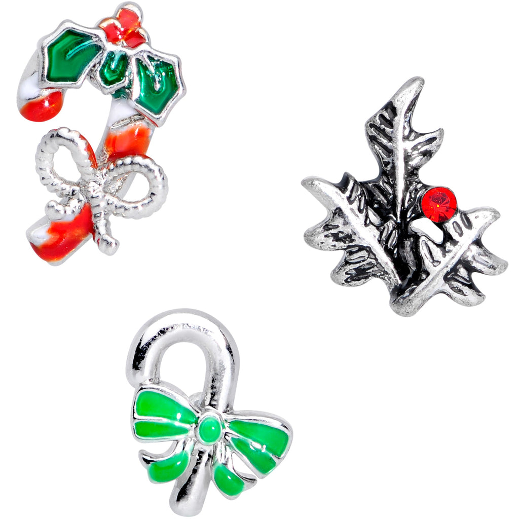 BodyCandy 16G 5/16 Red Gem Candy Christmas Labret Monroe Tragus Set of 3 — detail close-up