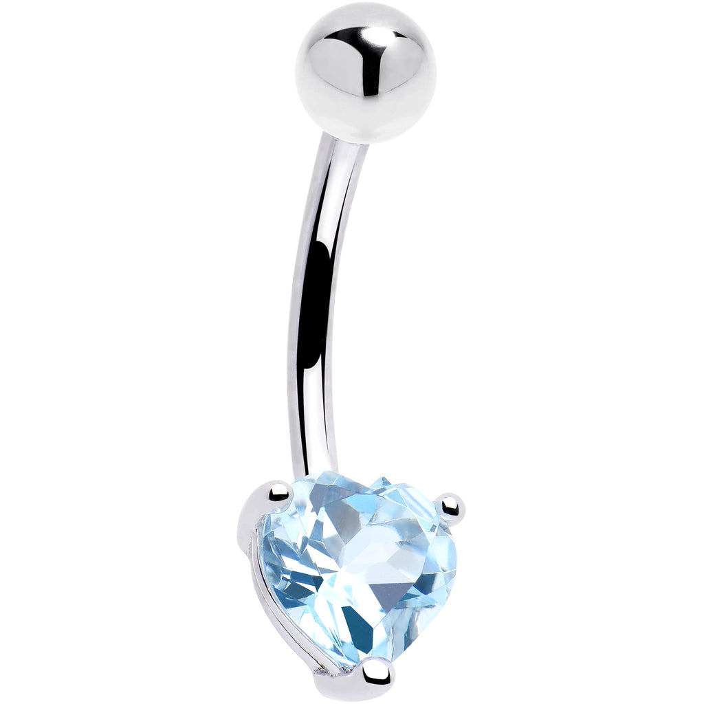 BodyCandy 16G 14k White Gold Genuine Blue Topaz Heart Belly Ring — detail close-up