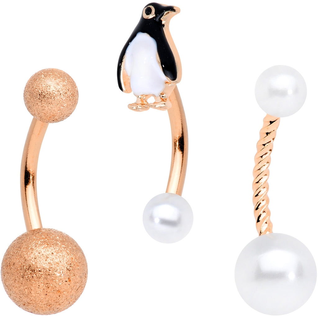 BodyCandy Rose Gold Tone Winter Penguin Christmas Belly Ring Set of 3 — main product shot