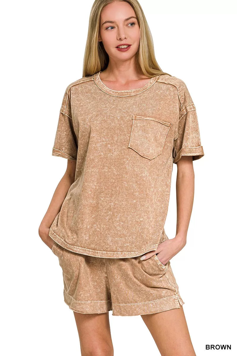 Zenana Halo Snow Washed Exposed Seam Top & Shorts Set