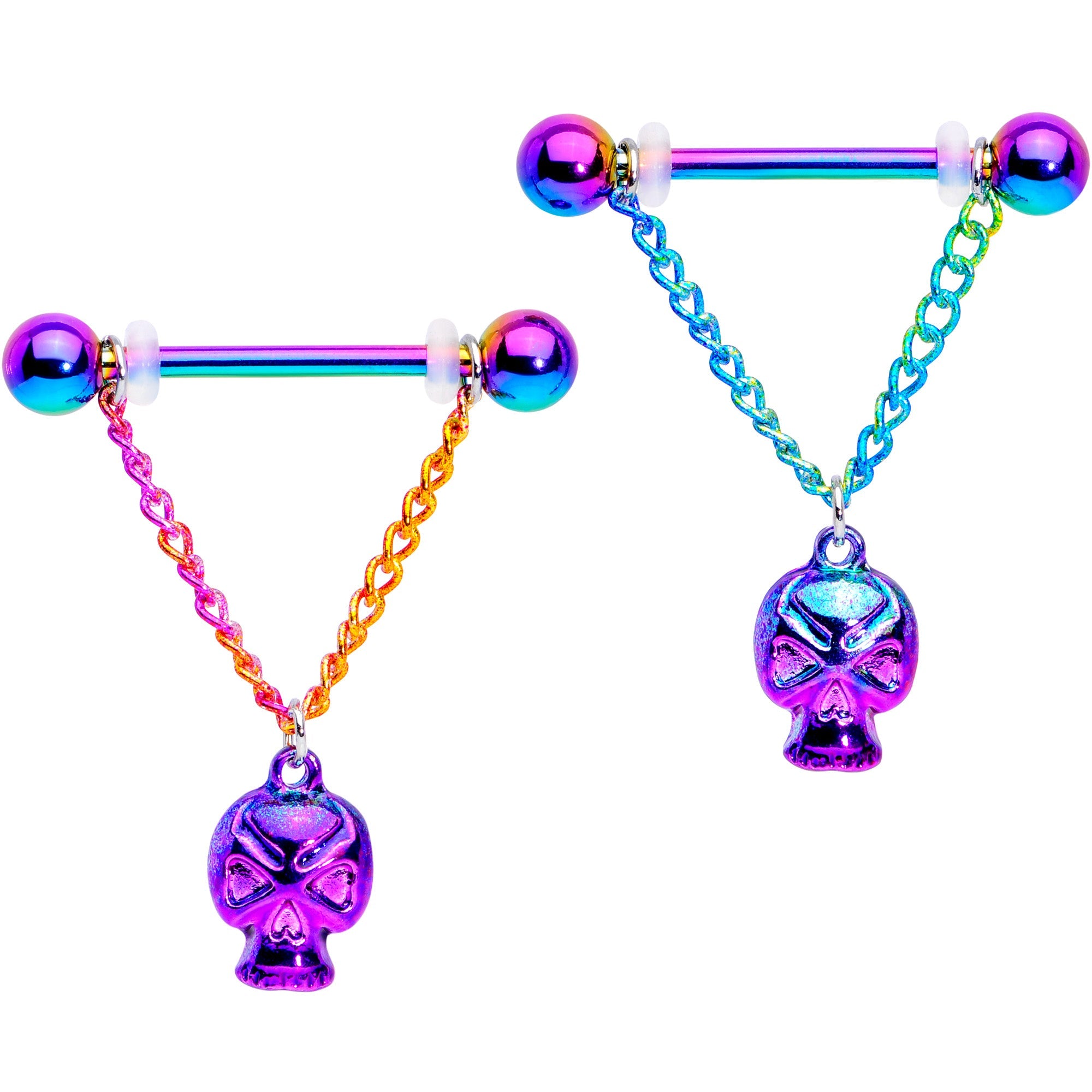 BodyCandy 14G 3/4 Rainbow Plated Scary Skull Dangle Barbell Nipple Ring Set — main product shot