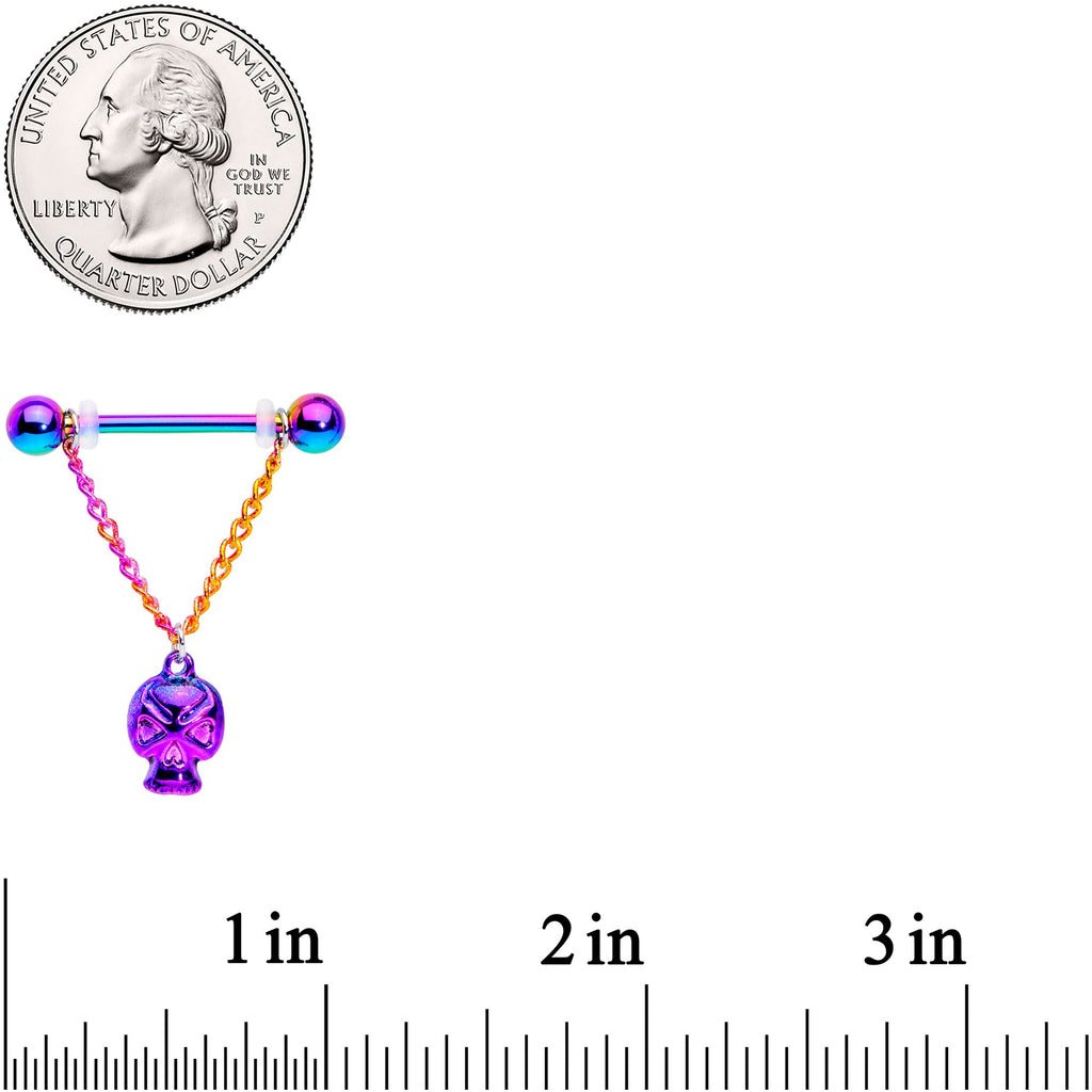 BodyCandy 14G 3/4 Rainbow Plated Scary Skull Dangle Barbell Nipple Ring Set — detail close-up
