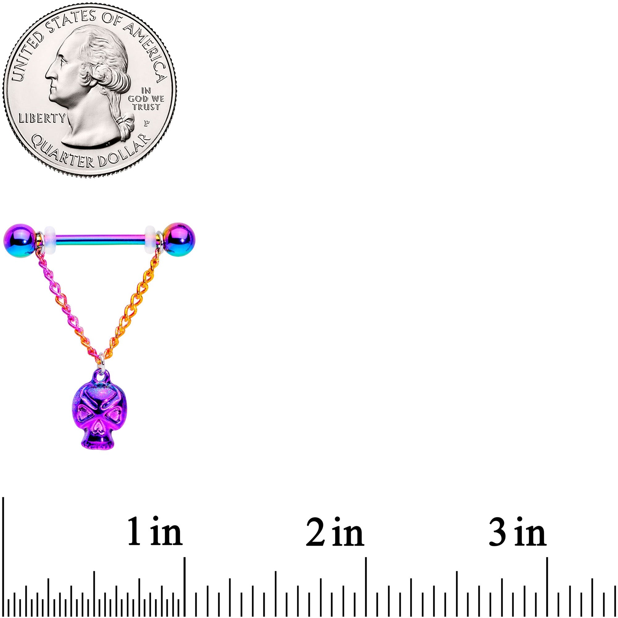 BodyCandy 14G 3/4 Rainbow Plated Scary Skull Dangle Barbell Nipple Ring Set — detail close-up