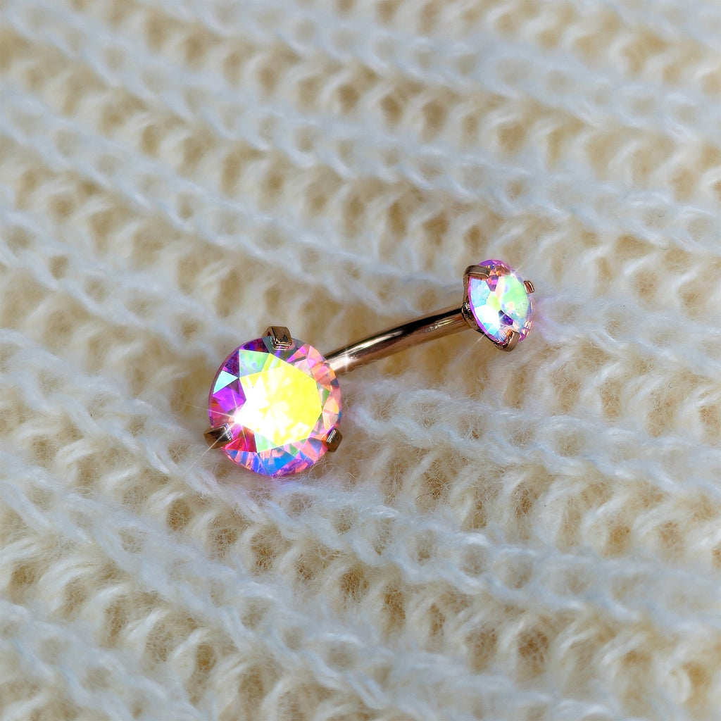 BodyCandy Aurora CZ Gem Rose Gold Tone Top Internally Threaded Belly Ring — detail close-up