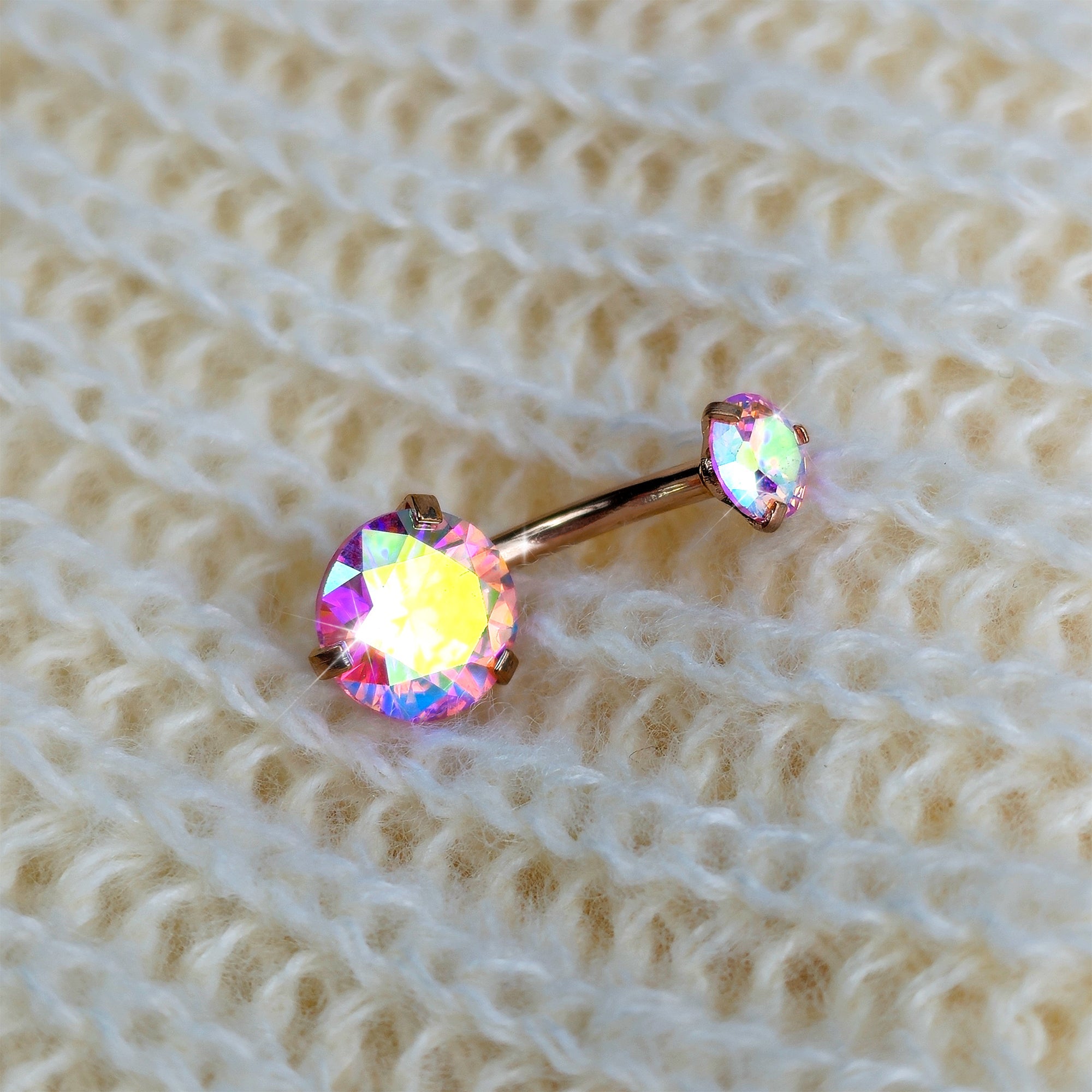 BodyCandy Aurora CZ Gem Rose Gold Tone Top Internally Threaded Belly Ring — detail close-up