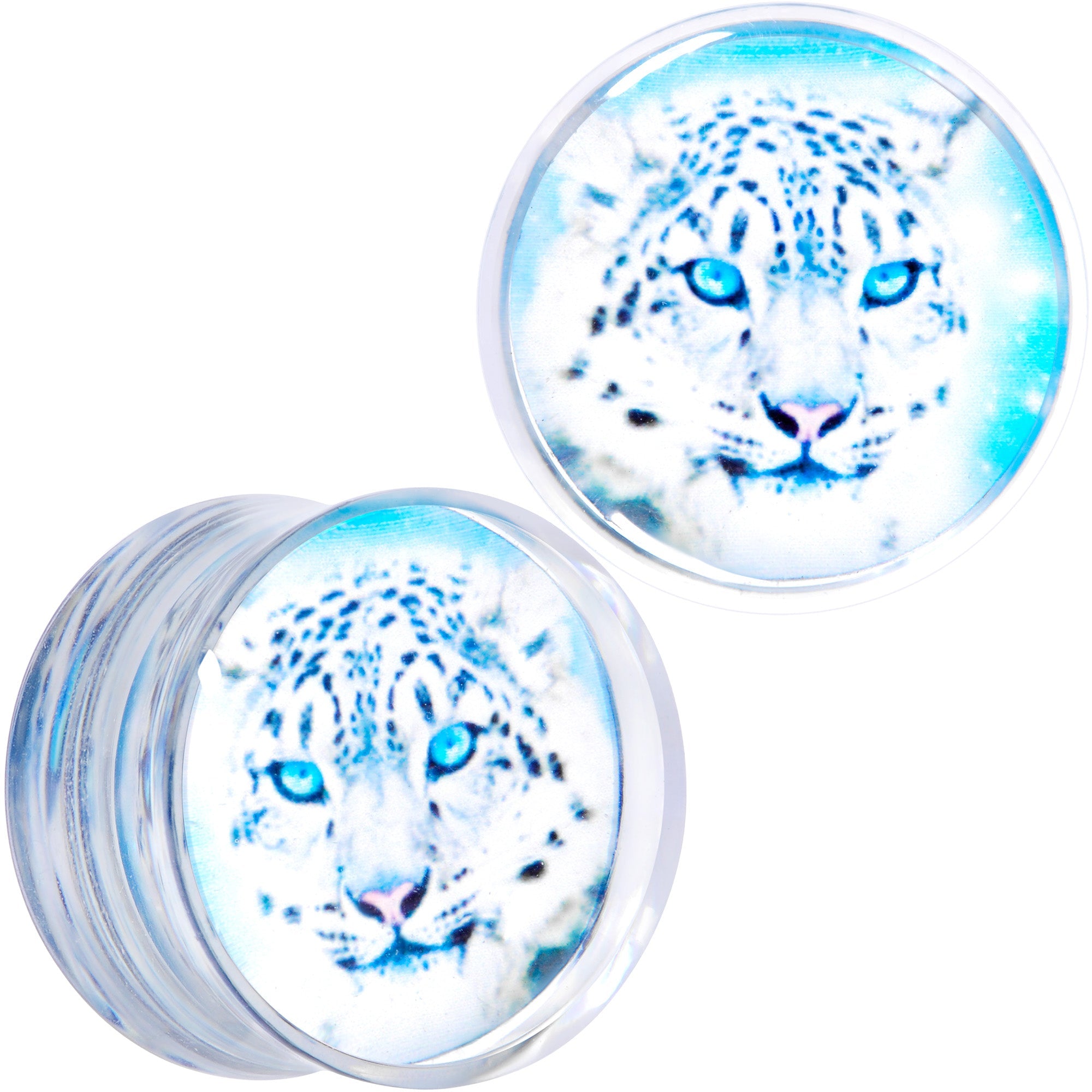 BodyCandy Clear Blue Acrylic Animal Cheetah Saddle Plug Set 2G to 1 Inch — detail close-up