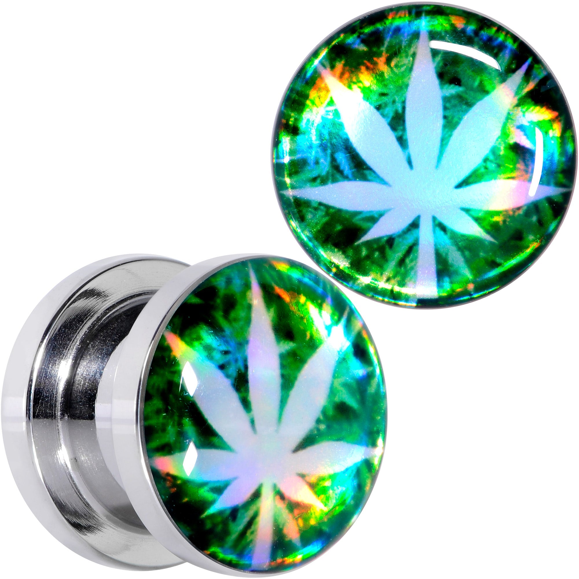 BodyCandy Green Hologram Marijuana Weed Leaf Screw Fit Plug Set 6G to 1 Inch — alternative angle