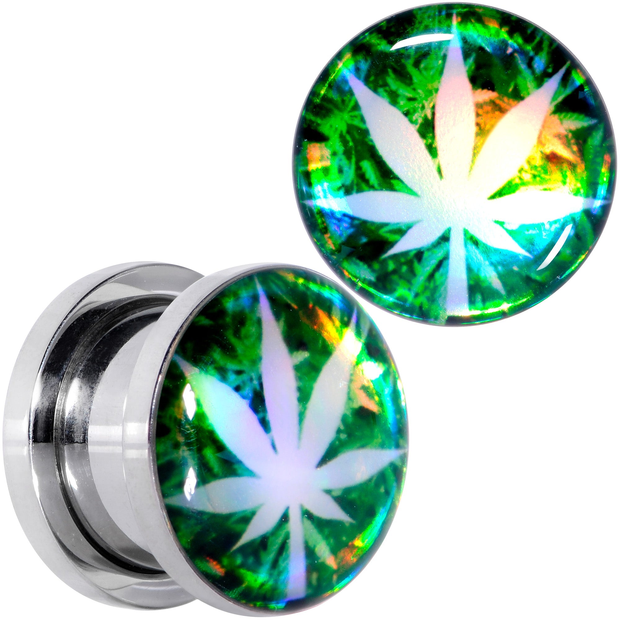 BodyCandy Green Hologram Marijuana Weed Leaf Screw Fit Plug Set 6G to 1 Inch — color detail