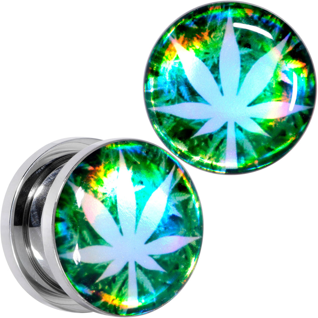 BodyCandy Green Hologram Marijuana Weed Leaf Screw Fit Plug Set 6G to 1 Inch — packaging