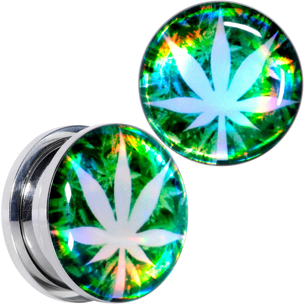 BodyCandy Green Hologram Marijuana Weed Leaf Screw Fit Plug Set 6G to 1 Inch — fabric or material detail