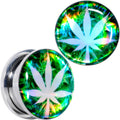 BodyCandy Green Hologram Marijuana Weed Leaf Screw Fit Plug Set 6G to 1 Inch — fabric or material detail