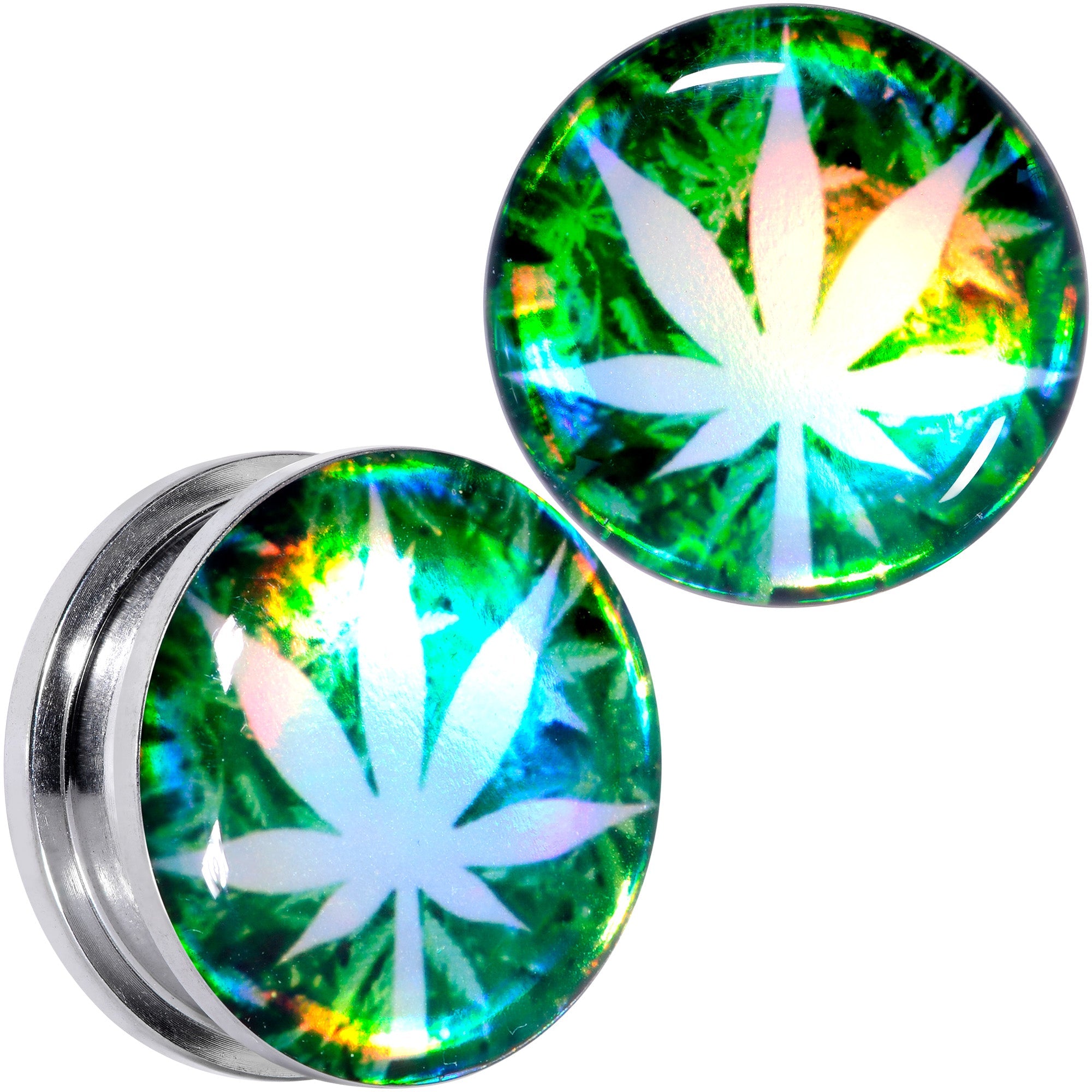 BodyCandy Green Hologram Marijuana Weed Leaf Screw Fit Plug Set 6G to 1 Inch — feature highlight