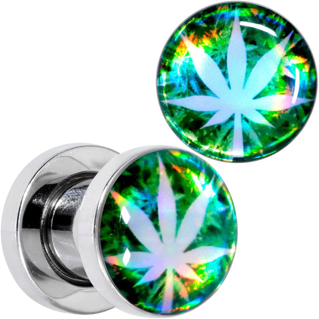 BodyCandy Green Hologram Marijuana Weed Leaf Screw Fit Plug Set 6G to 1 Inch — size reference