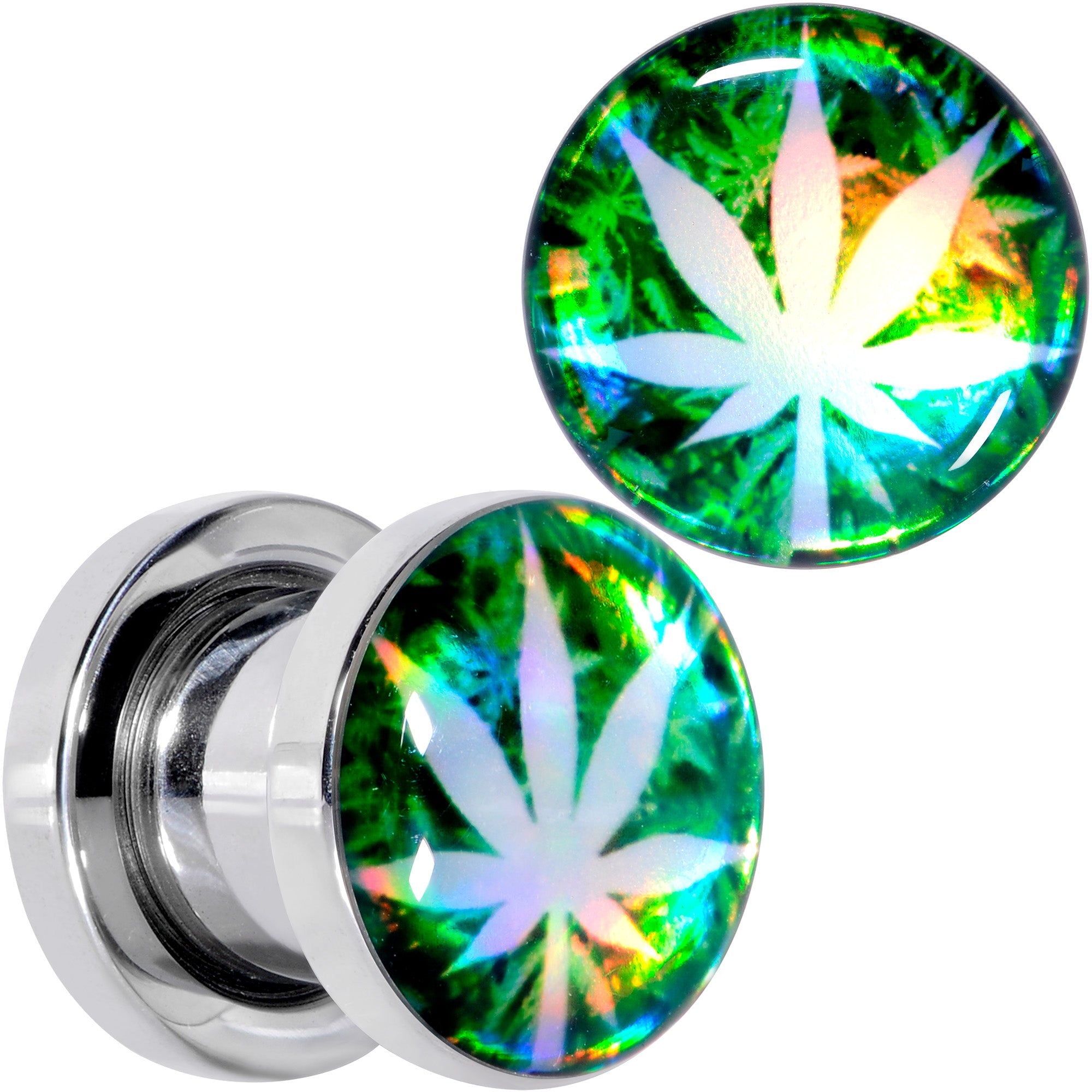 BodyCandy Green Hologram Marijuana Weed Leaf Screw Fit Plug Set 6G to 1 Inch — in-use photo