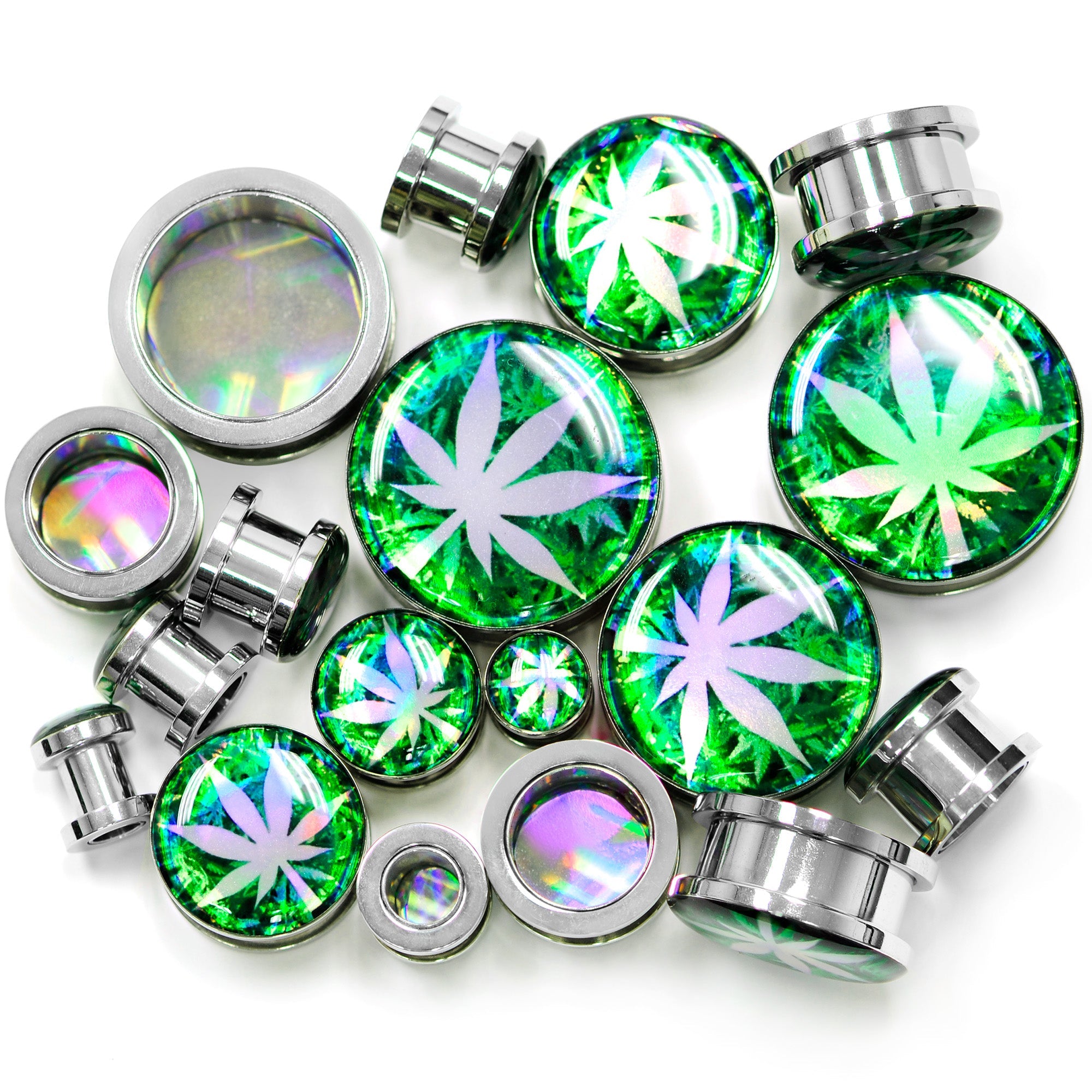 BodyCandy Green Hologram Marijuana Weed Leaf Screw Fit Plug Set 6G to 1 Inch — main product shot