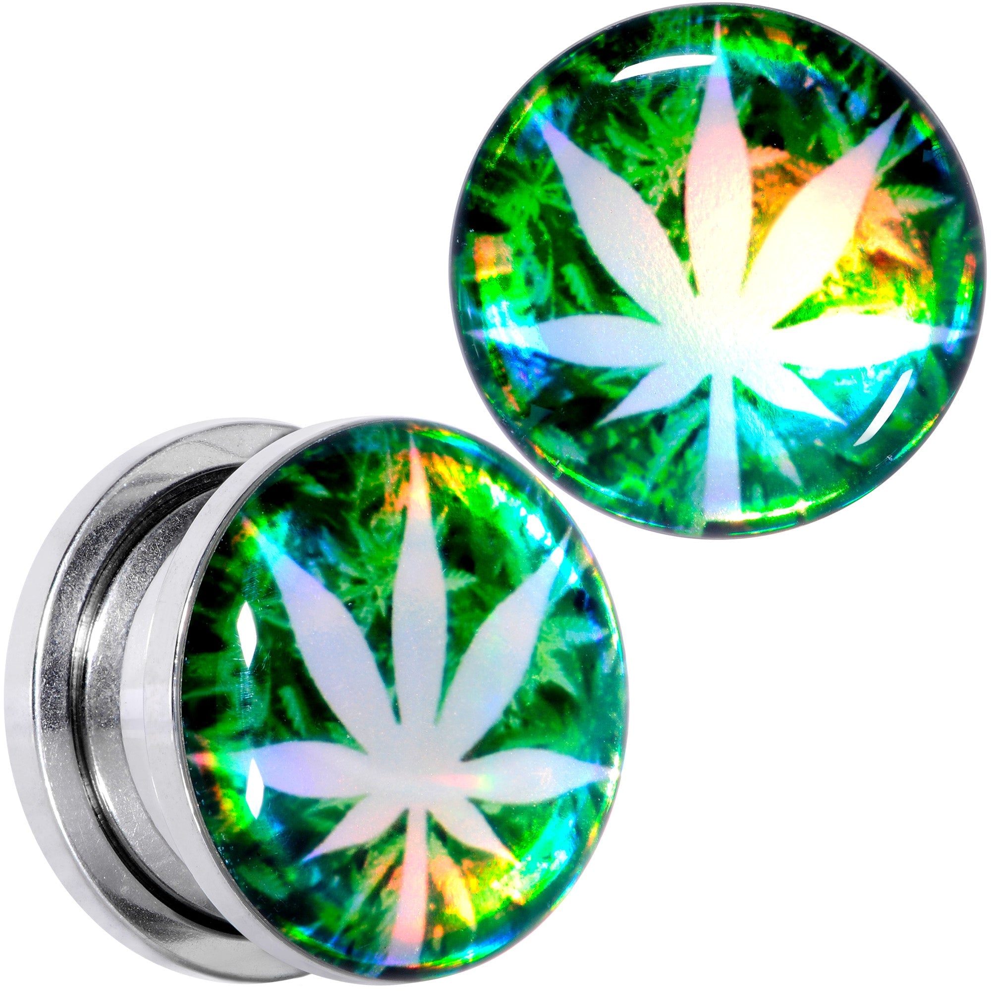BodyCandy Green Hologram Marijuana Weed Leaf Screw Fit Plug Set 6G to 1 Inch — detail close-up