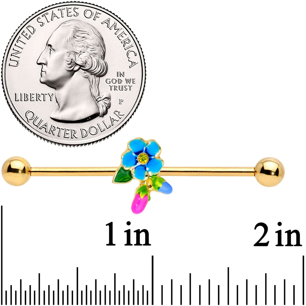 BodyCandy 14G Yellow Gem Gold Tone Neon Flower Industrial Barbell 38mm — detail close-up