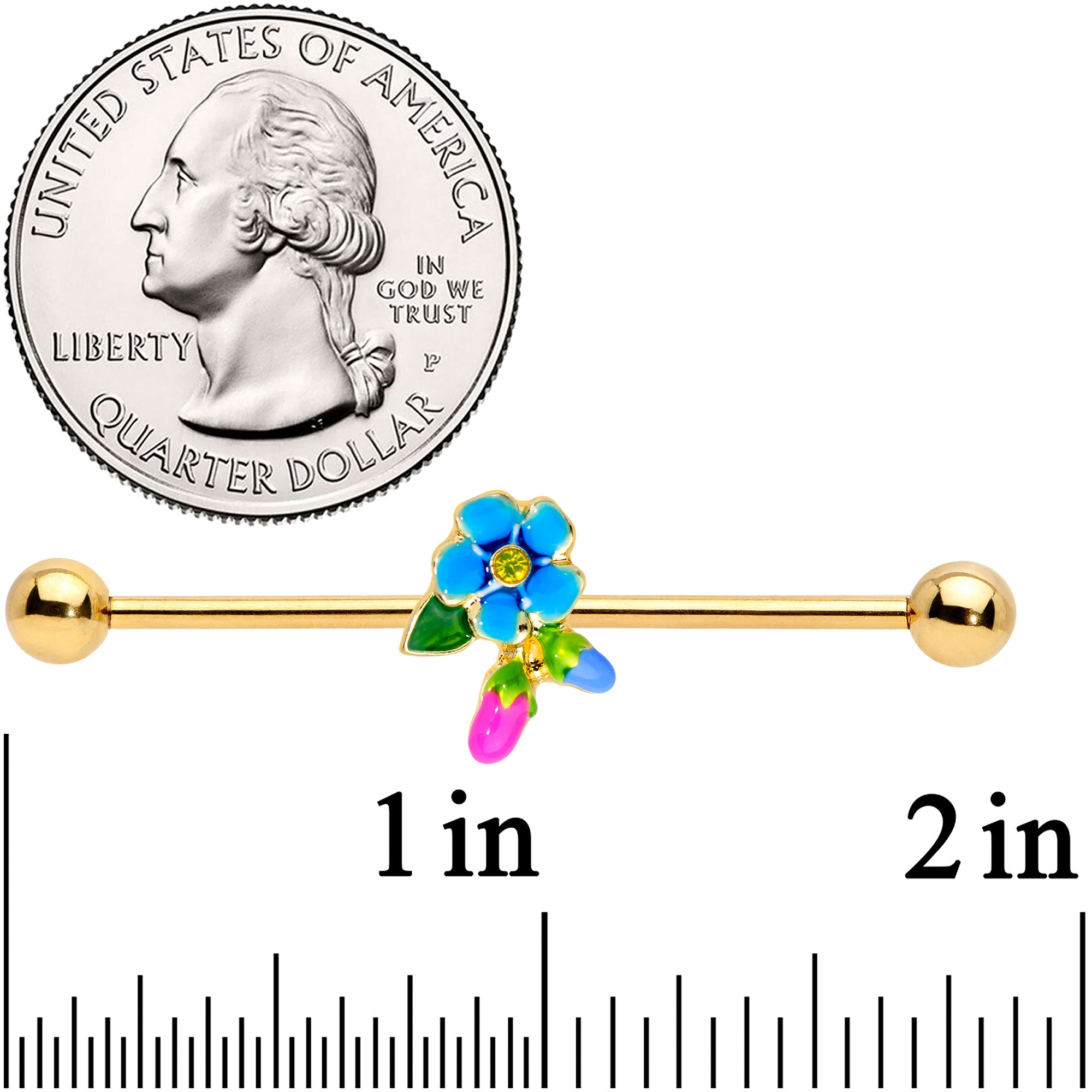 BodyCandy 14G Yellow Gem Gold Tone Neon Flower Industrial Barbell 38mm — detail close-up