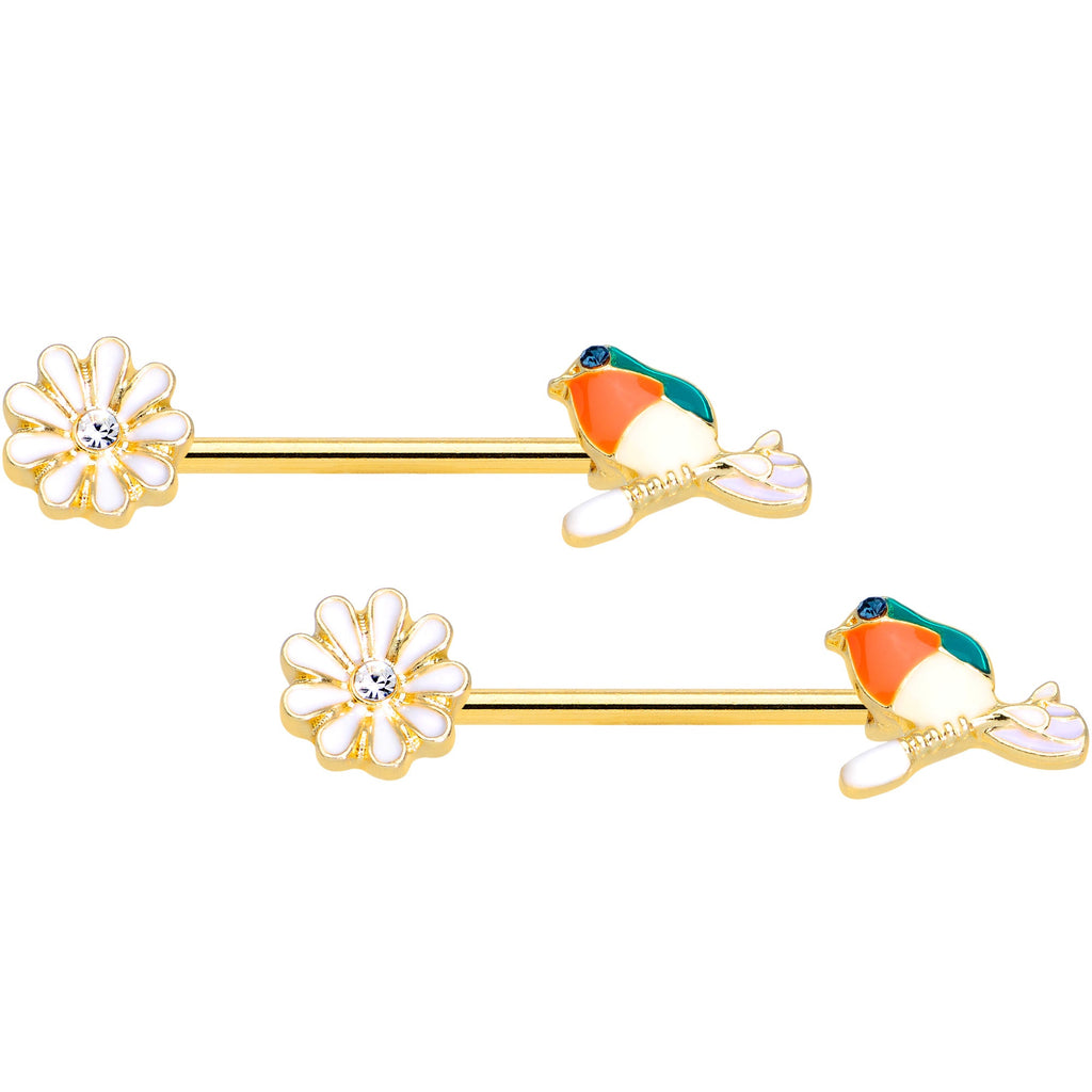 BodyCandy 14G 5/8 Clear Blue Gem Gold Tone Perch Bird Barbell Nipple Set — main product shot