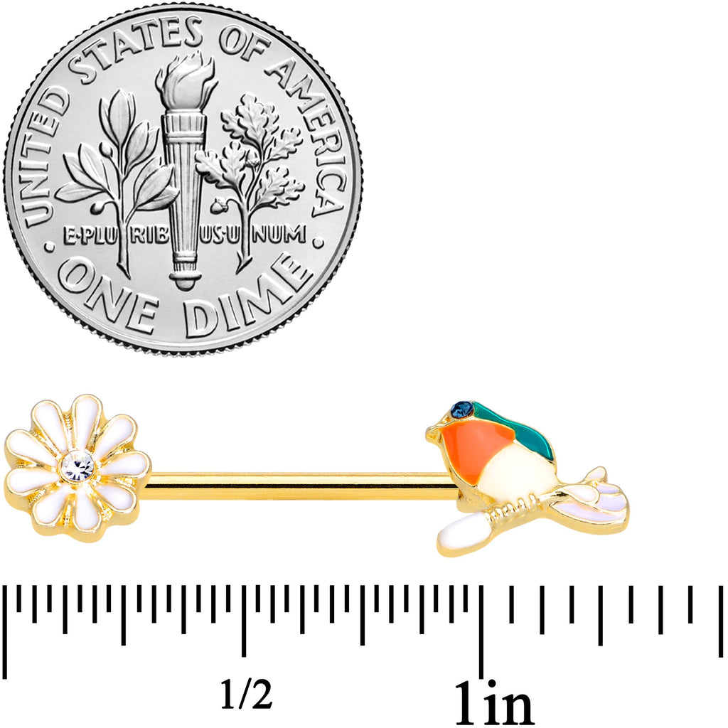 BodyCandy 14G 5/8 Clear Blue Gem Gold Tone Perch Bird Barbell Nipple Set — detail close-up