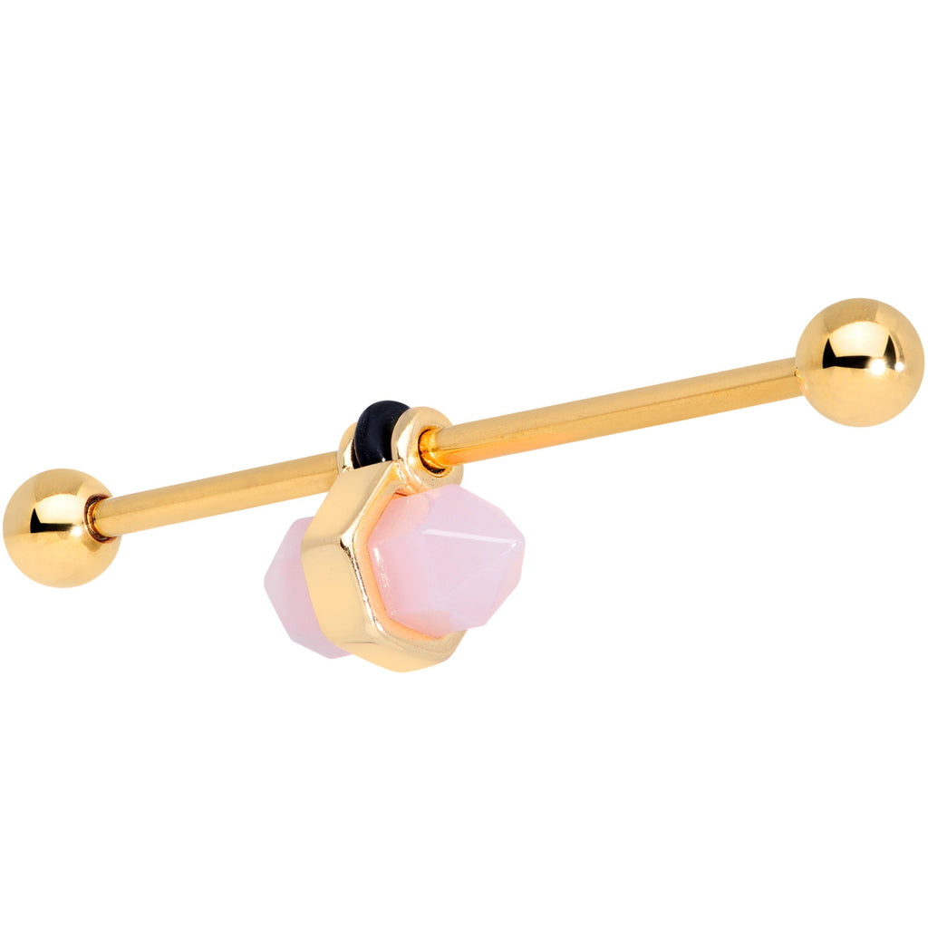 BodyCandy 14G Gold Tone Pink Gem Industrial Barbell 38mm — detail close-up