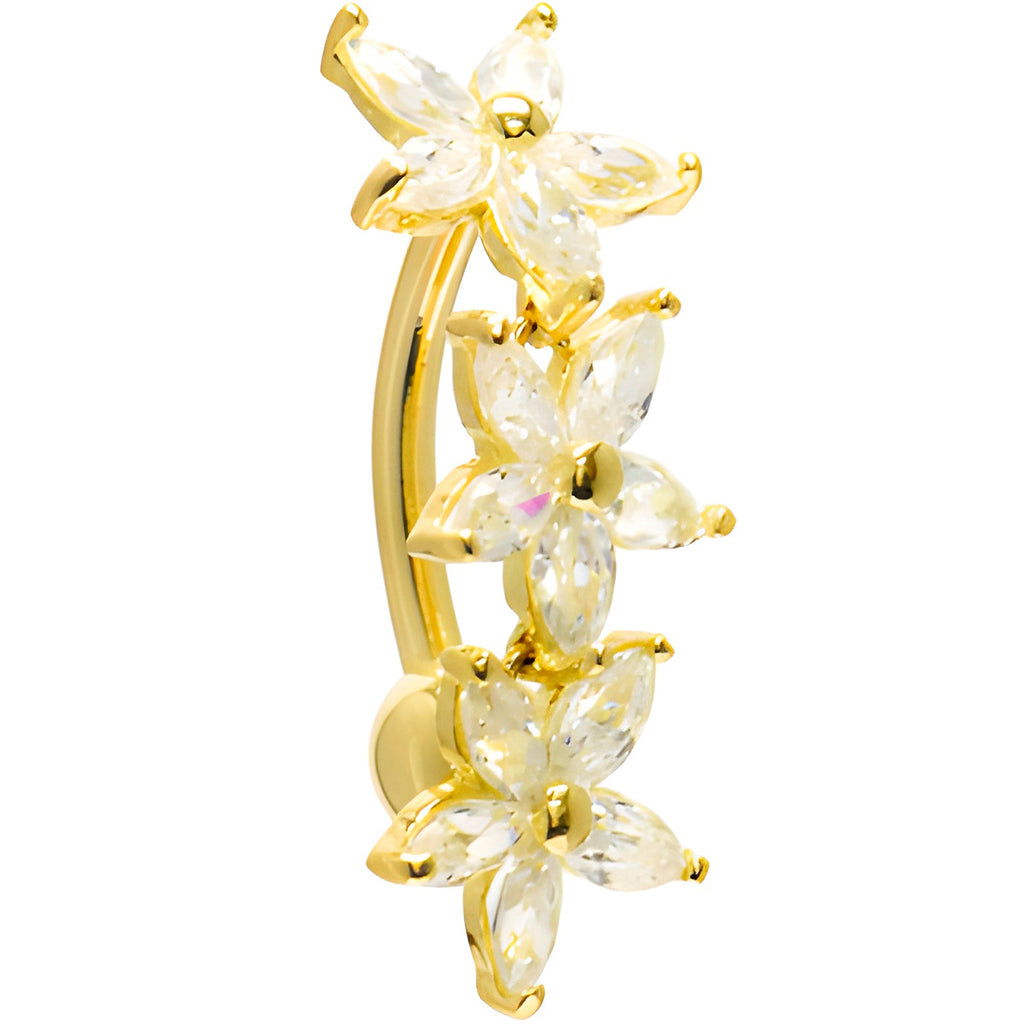 BodyCandy 16G Solid 14K Yellow Gold Top Mount Cubic Zirconia Lily Drop Belly Ring — detail close-up